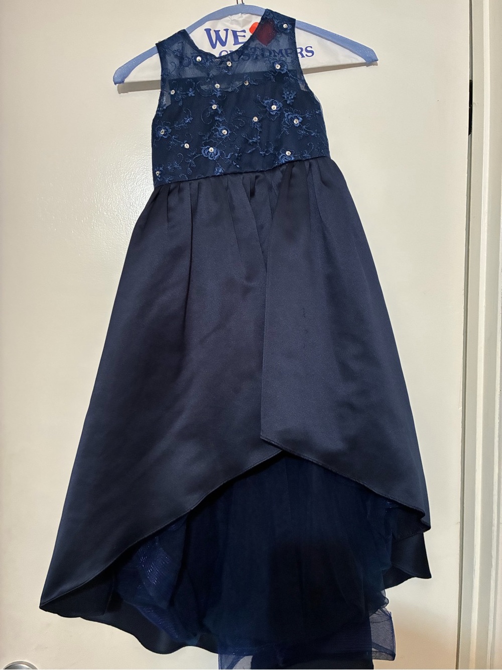 Girls Navy Floral Embroidered High-Low Party Dress